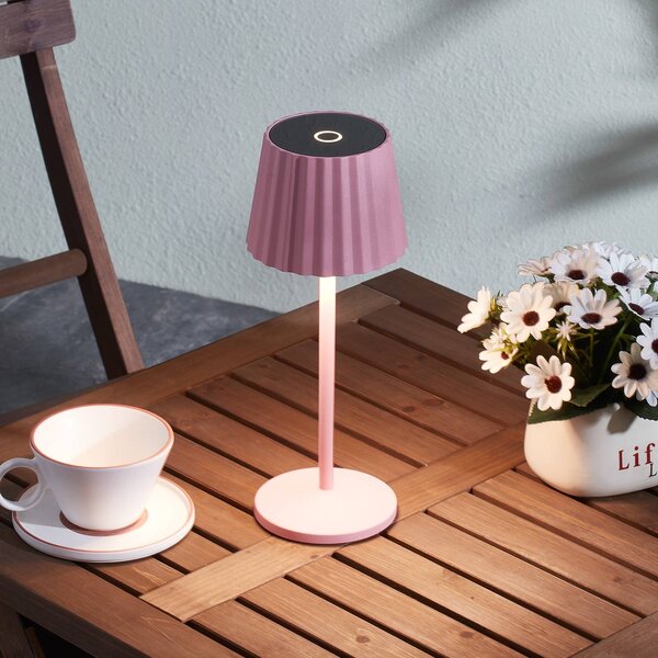 Lindby Lampada da tavolo LED ricaricabile Esali, rosa, metallo, IP54 Esali Lindby, dimmerabile, Violetto / Fucsia / Rosa, Soggiorno / Sala da pranzo, Alluminio, Moderno