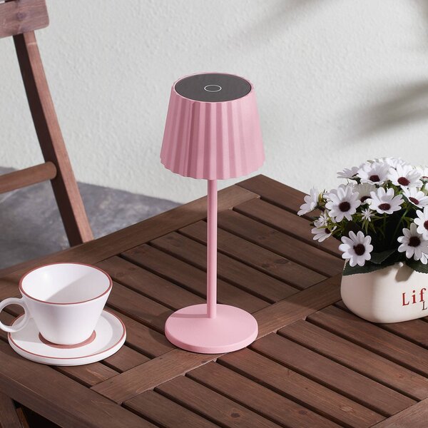 Lindby Lampada da tavolo LED ricaricabile Esali, rosa, metallo, IP54 Esali Lindby, dimmerabile, Violetto / Fucsia / Rosa, Soggiorno / Sala da pranzo, Alluminio, Moderno