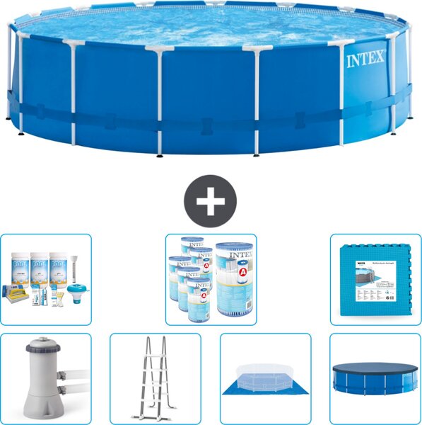 Piscina Intex con struttura rotonda - 457 x 122 cm - blu - compresa pompa - scala - telo di fondo - confezione di manutenzione della copertura - filtro - piastrelle per il pavimento