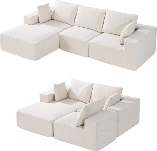 Divano angolare modulare - Divano letto a forma di L - Rivestimento in velluto a coste - Schiuma ad alta densità ed elasticità - Lunghezza 265 cm - Portata massima 545 kg - Con cuscini - Beige