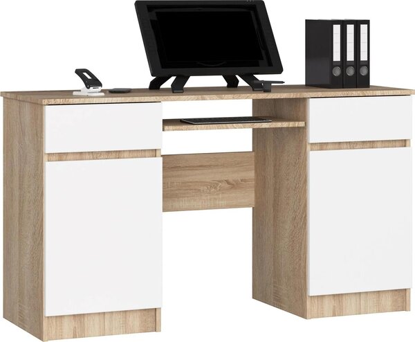 Scrivania Sonoma Rovere con Cassetti e Tastiera Estraibile Dettagli Bianchi 135 cm