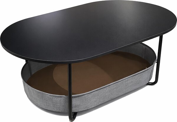 Tavolino Relaxdays, con cesto in tessuto, ovale, tavolino con vano portaoggetti, L x P x A 55x100x45 cm, MDF e ferro, nero-grigio scuro