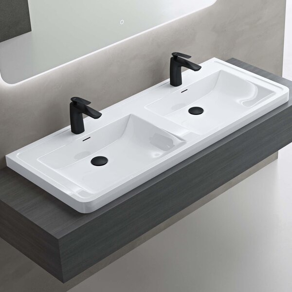 Doporro Lavabo da Appoggio, Lavandino Bagno 120x48x14,5cm, Lavabo da Minerale Fuso Colossum08, Bianco lucido