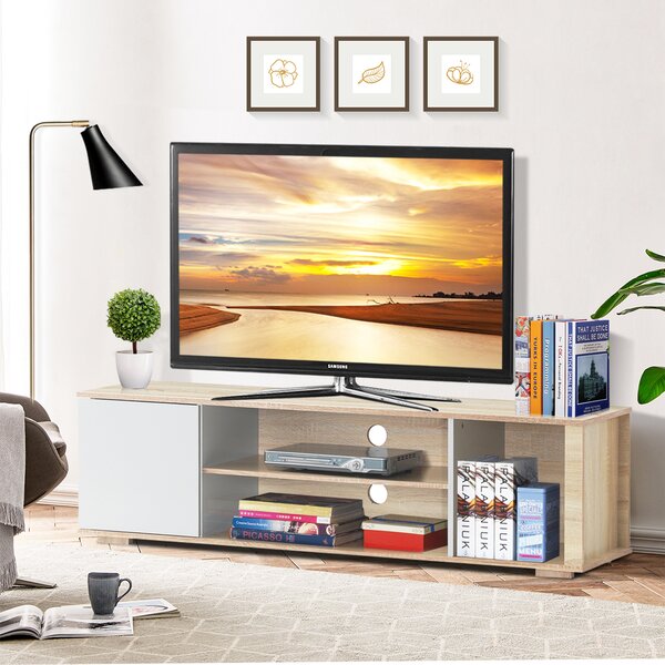 Costway Mobile TV moderno con armadietto e foro per cavi, Centro multimediale di legno con ripiani aperti Naturale