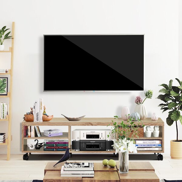 Costway Mobile TV con ripiani aperti e ruote con freni per salone, Stand universale moderno e compatto per TV Naturale