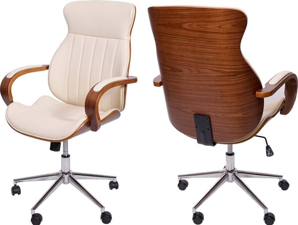 Sedia da ufficio HWC-H39, sedia da scrivania girevole sedia executive, in legno curvo effetto noce in ecopelle certificata ~ crema