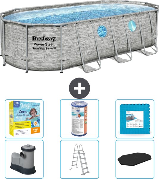 Piscina Bestway Oval Power Steel Swim Vista - stampa su pietra - 549 x 274 x 122 - inclusa pompa - scala - copertura pacchetto manutenzione - filtro - pavimento in piastrelle