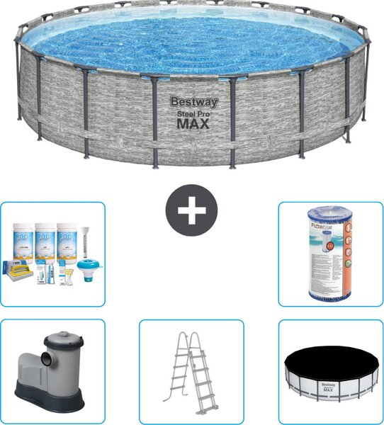 Piscina Bestway Round Steel Pro MAX - stampa su pietra - 549 x 122 - inclusa pompa - scala - copertura pacchetto manutenzione - filtro
