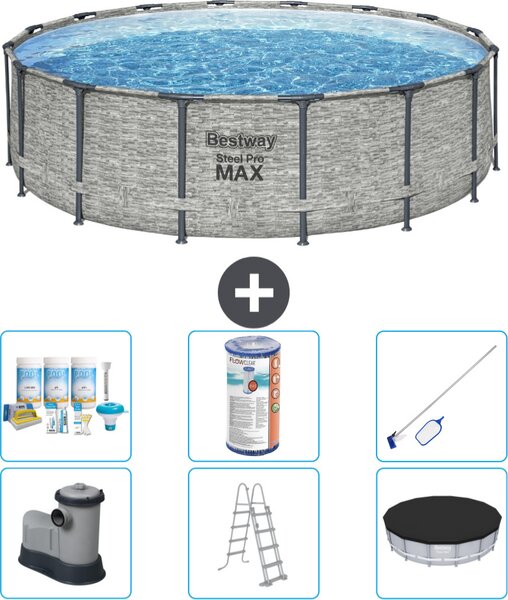 Piscina Bestway Round Steel Pro MAX - stampa su pietra - 488 x 122 cm - inclusa pompa - scala - copertura pacchetto manutenzione - filtro - kit pulizia