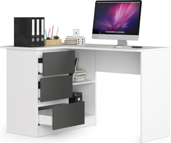 BDW, scrivania angolare destra, 3 cassetti, 4 ripiani, bianco/grigio sinistra