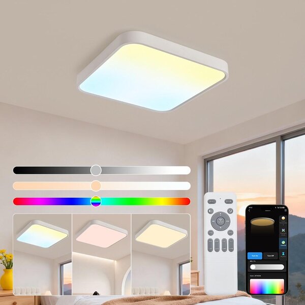 Plafoniera LED 698-FX quadrata, 50x50 cm, 80 W RGBIC con APP e telecomando, cielo dinamico ed effetti di luce naturale timer dimmerabile 10-100%, 1800-12000K