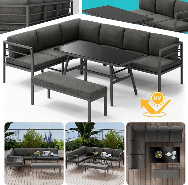 Set da pranzo in alluminio - divano angolare con panca e tavolo, lounge resistente alle intemperie, grigio