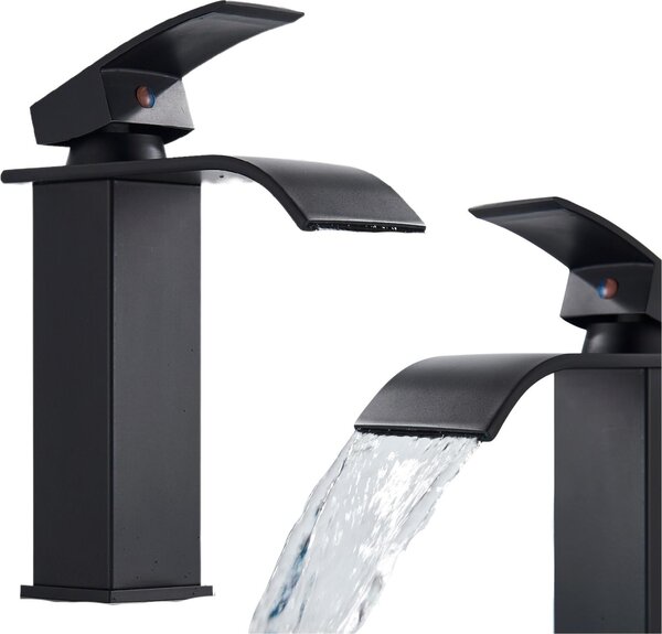 Rubinetto lavabo bagno Ari Waterfall nero opaco, miscelatore da appoggio in ottone, beccuccio a cascata, cartuccia Vetroceramica
