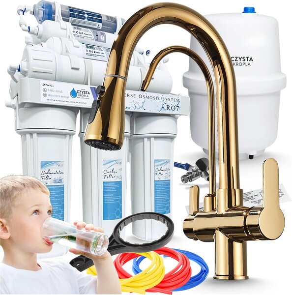 Rubinetto da cucina a 3 vie Ari Nordic con doppia uscita per acqua filtrata, doccetta estraibile e beccuccio girevole, oro lucido