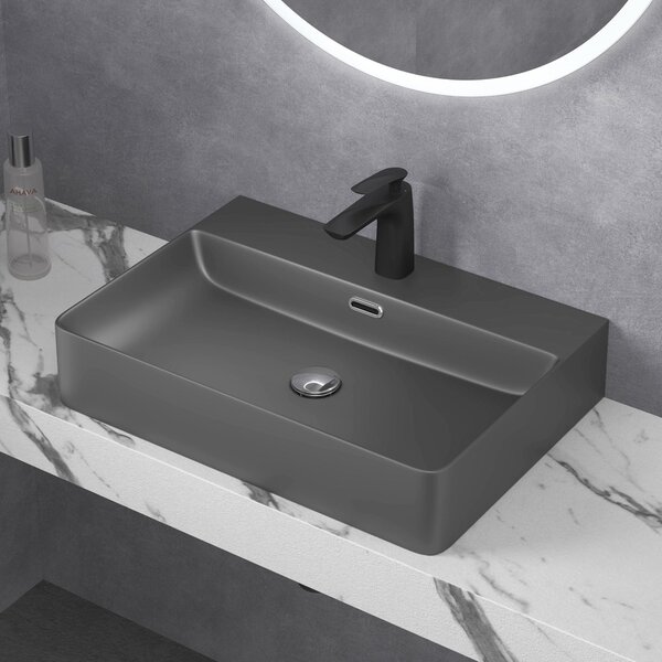 Doporro Lavabo da Appoggio Lavandino Sospeso Bagno Rettangolare 60 cm in Vetroceramica Antracite Opaco con Foro per Rubinetto e Troppopieno - Meissen201