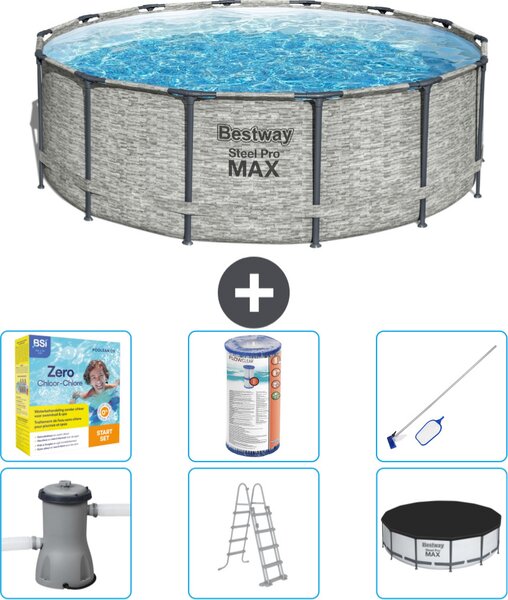 Piscina Bestway Round Steel Pro MAX - stampa su pietra - 427 x 122 cm - inclusa pompa - scala - copertura pacchetto manutenzione - filtro - kit pulizia