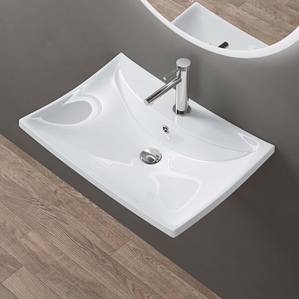 Doporro Lavabo da Appoggio in Vetroceramica Bianco Lucido, Lavandino Bagno Moderno con Foro Rubinetto e Rivestimento Nano 60,5x44x18 cm Br¹ssel709
