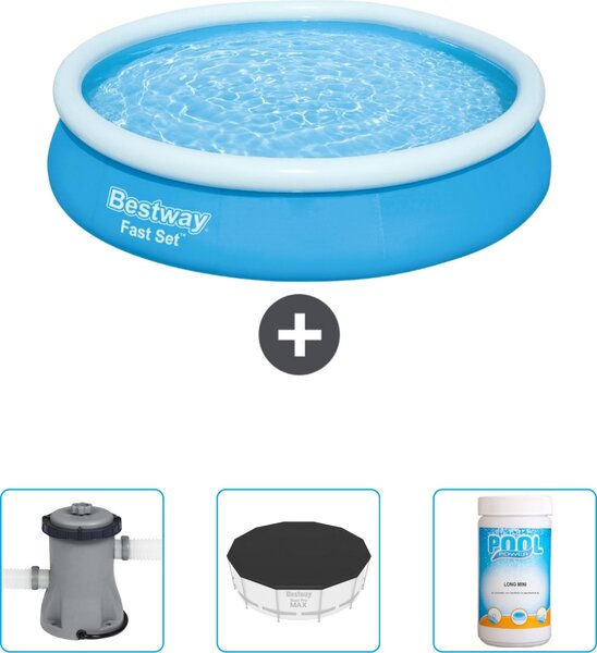Bestway piscina gonfiabile rotonda ad ambientazione rapida - 366 x 76 cm - blu - include pompa - copertura - cloro