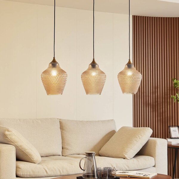 Lampada a sospensione in vetro Drakar Lindby, dimmerabile, Crema / Ambra, Soggiorno / Sala da pranzo, Vetro, Vintage, Lampada a sospensione