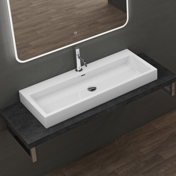 Doporro Lavabo da Appoggio Rettangolare, Lavabo Bagno Sospeso con Foro Rubinetto e Troppopieno, Lavandino in Marmo Resina Bianco Lucido 100x42x10cm, Colossum06