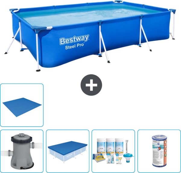 Piscina Bestway Pro rettangolare in acciaio - 300 x 201 x 66 cm - Blu - inclusa copertura della pompa - pacchetto manutenzione - filtro - copertura del terreno