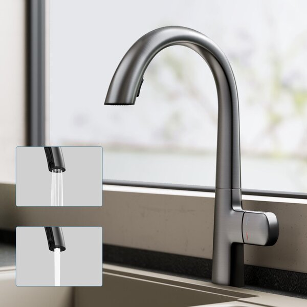 Doporro Miscelatore Cucina con Doccia Estraibile, Rubinetto Monocomando in Ottone Grigio con Cartuccia in Ceramica, 2 Modalit di Getto, Rotazione 360¡ã, MS-8095