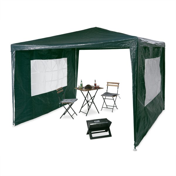 Gazebo Relaxdays 3x3 m, 2 pareti laterali, struttura in metallo, telo in PE, finestra, gazebo da festa, chiuso, verde