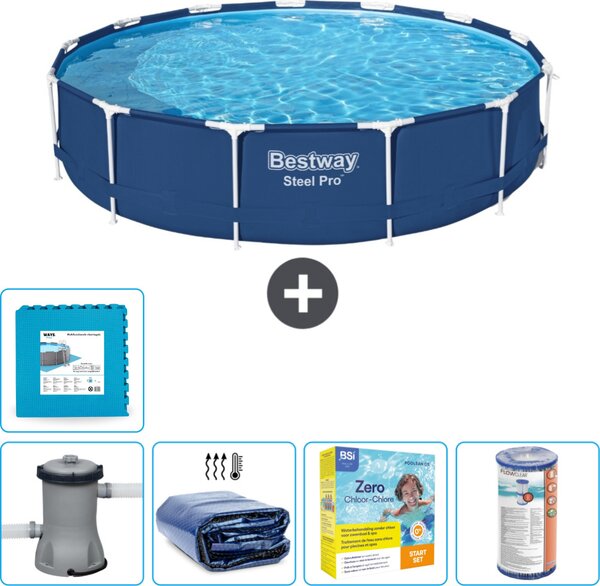Piscina Bestway Round Steel Pro - 396 x 84 cm - blu - pompa inclusa - tenda da sole - pacchetto manutenzione - filtro - pavimento in piastrelle
