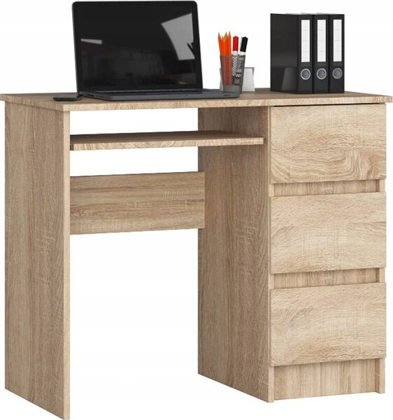 BDW, scrivania per computer con 3 cassetti, cassetto per tastiera, 90x77x50 cm, rovere Sonoma (destra)