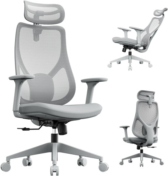 SENSE7 Moyo Sedia da ufficio ergonomica Sedia da scrivania Grigio Braccioli 3D Schienale in rete Supporto lombare Sedia direzionale Sedia per home office e PC 150 kg