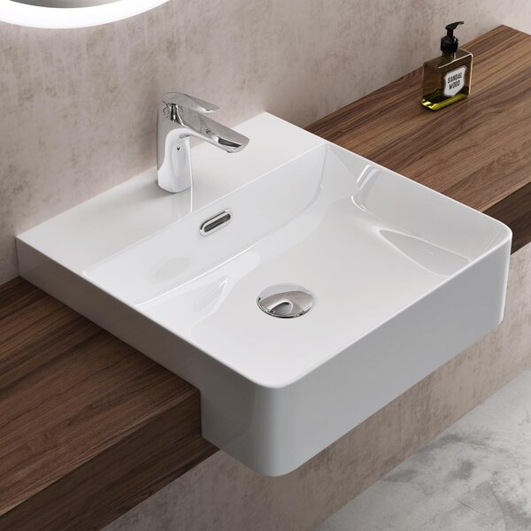 Doporro Lavabo Semincasso 42 cm in Vetroceramica Bianco, Lavabo Bagno da Appoggio Quadrato con Foro Rubinetto e Troppopieno, Rivestimento Nano Br¹ssel702