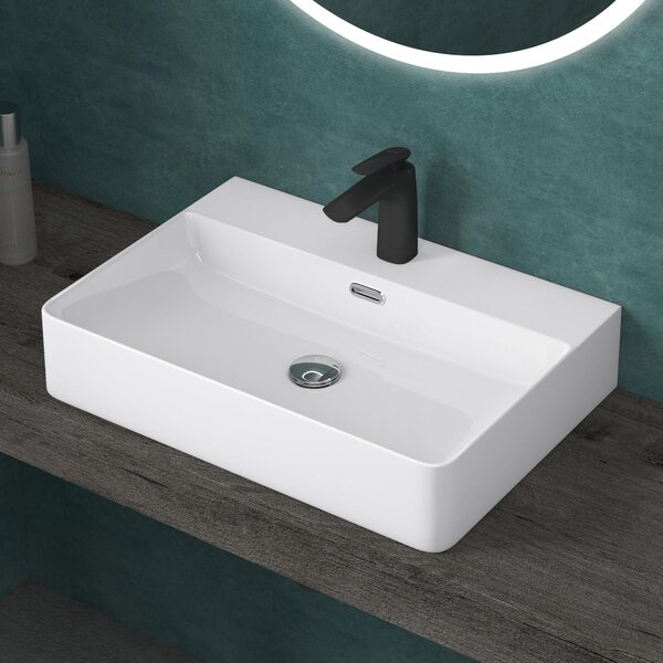 Doporro Lavabo da Appoggio Lavandino Sospeso Bagno Rettangolare 60 cm in Vetroceramica Bianco Lucido con Foro per Rubinetto e Troppopieno - Meissen201