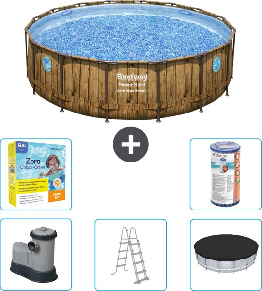 Piscina Bestway Round Power Steel Swim Vista - stampa su legno - 488 x 122 - inclusa pompa - scaletta - copertura pacchetto manutenzione - filtro
