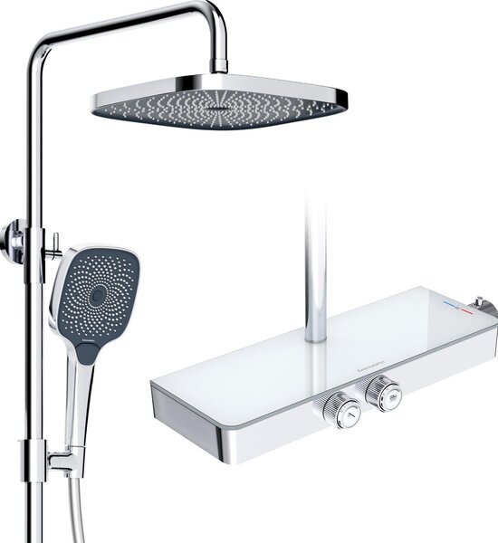 Sistema doccia Rainsworth con termostato e mensola in vetro cromo - Miscelatore doccia completo di doccia a pioggia 26 x 26 cm, doccetta 3 modalità di getto e bocca inferiore - Set doccia a pioggia con miscelatore