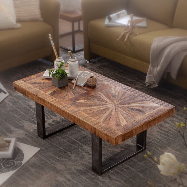 FineBuy Tavolino in legno massiccio 105cm rettangolare - Tavolo da soggiorno con piano a stella - Tavolo in legno massiccio con base a slitta in metallo dal design industriale