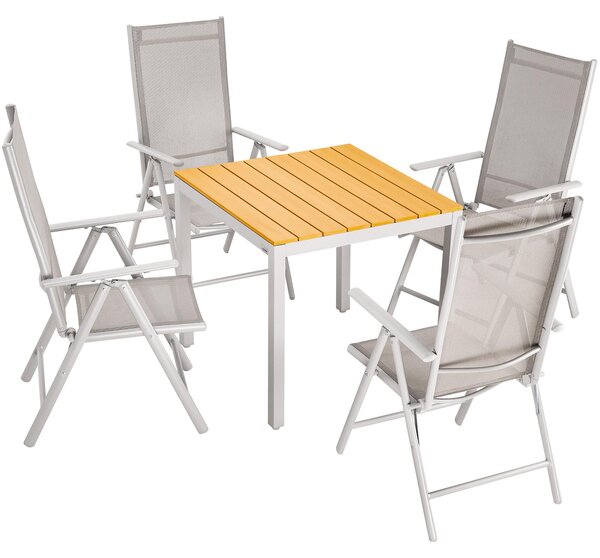 Casaria Tavolo e Sedie da Giardino Alluminio 4 Seggiole Pieghevoli 1 Tavolo WPC 80x80 Color Legno