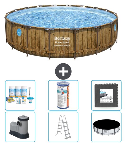 Piscina Bestway Round Power Steel Swim Vista - stampa su legno - 549 x 122 - compresa pompa - scaletta - copertura pacchetto manutenzione - filtro - piastrelle per pavimento