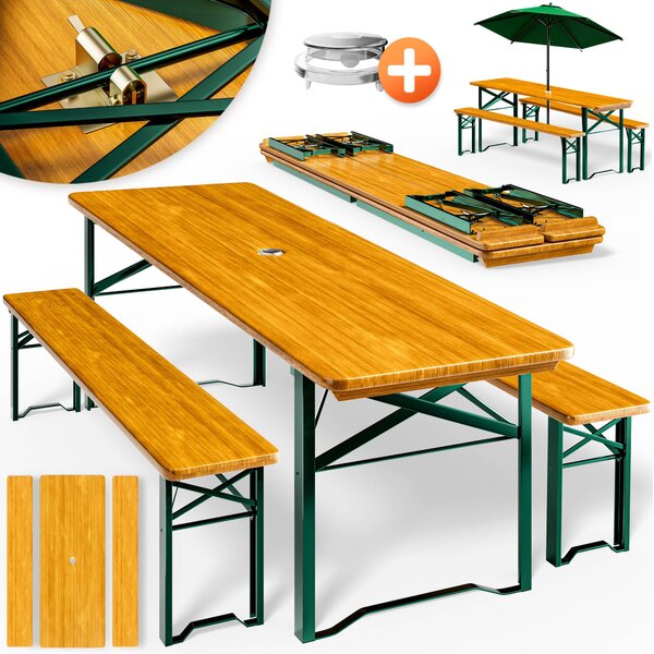 Casaria Set da Birreria Pieghevole 170cm Tavolo (170x46x75cm) con Foro Ombrellone 2x Panche in Legno (170x23x46cm) Party Sagra Festa Evento Giardino
