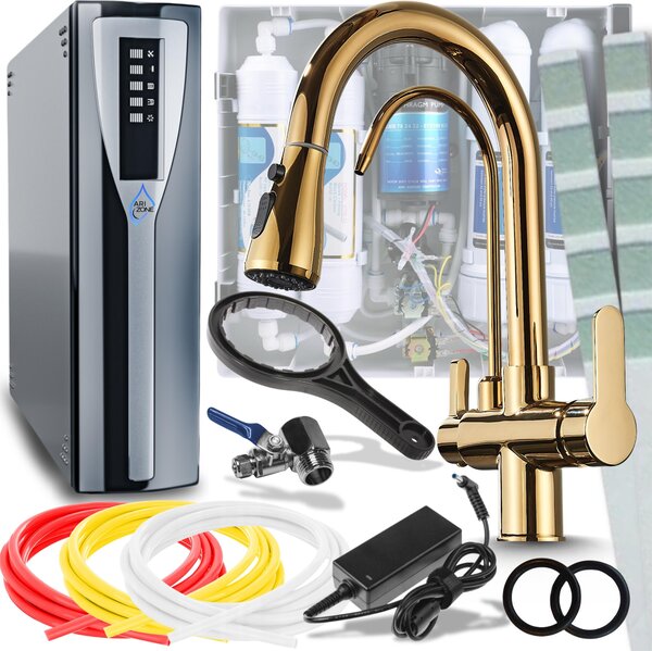 Miscelatore da cucina Ari Nordic a 3 vie, finitura oro lucido, estraibile a 360°, con filtro per acqua a osmosi inversa RO e sistema di nanofiltrazione da incasso sottobanco