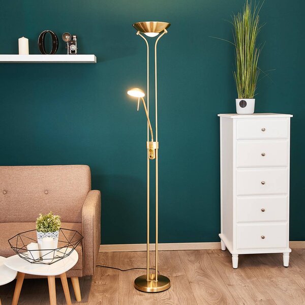 Lampada da terra con luce lettura Josefin Lindby, dimmerabile, Ottone / Oro, Soggiorno / Sala da pranzo, Metallo, Moderno, Lampada LED da terra