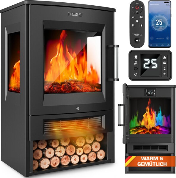 Caminetto elettrico TRESKO® con riscaldamento incluso telecomando e app WiFi | caminetto elettrico 1800W LED effetto fiamma modalità di colore | caminetto termostato, timer | caminetto elettrico stufa a piantana caminetto 2 livelli di riscaldamento
