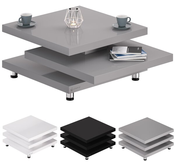 CASARIA® Tavolino da Soggiorno New York 72x72cm Grigio Lucido Moderno Ripiano Ruotabile 360° Regolabile Divano Tavolo