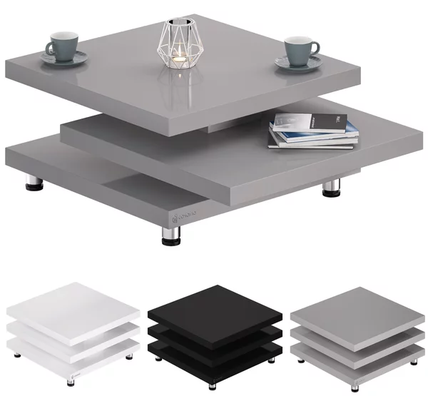 CASARIA® Tavolino da Soggiorno New York 72x72cm Grigio Lucido Moderno Ripiano Ruotabile 360° Regolabile Divano Tavolo