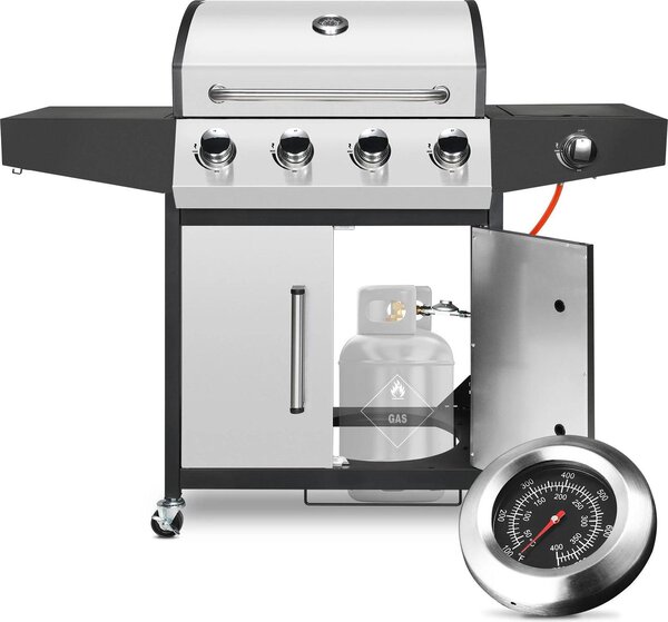 Barbecue a gas - Carrello barbecue 4+1 - Bruciatore laterale - Gas naturale - Acciaio inox - 52.000 BTU - Ampia superficie di griglia - Argento