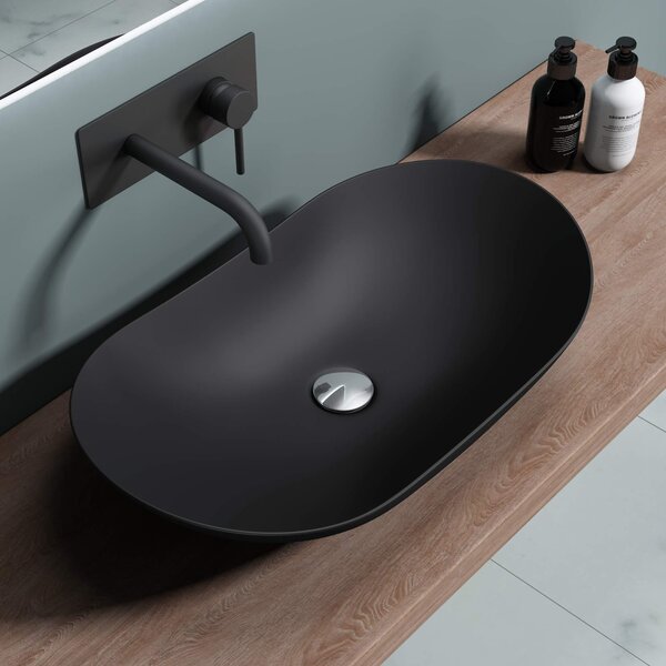 Doporro Lavabo da Appoggio Ovale in Vetroceramica Nero Opaco 63x36,5x14 cm, Lavandino Bagno Moderno Effetto Loto, Senza Foro Rubinetto - Br¹ssel858