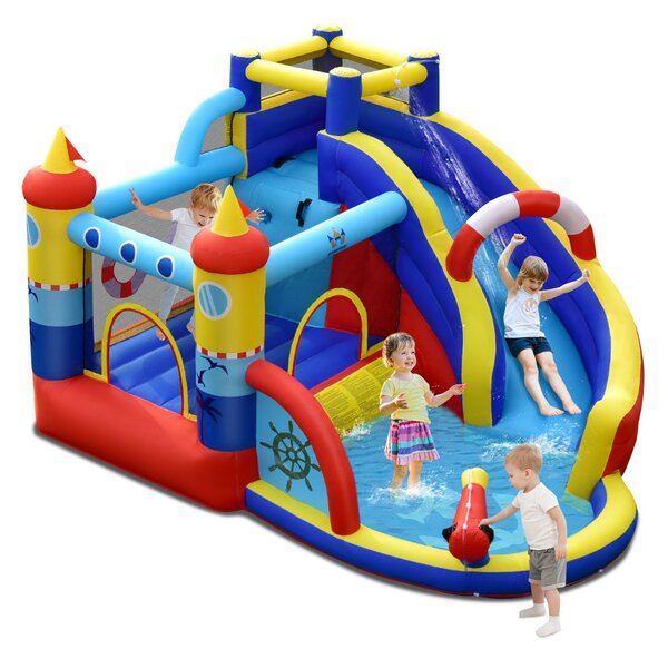 Costway Parco acquatico 6 in 1 con scivolo curvo per cortile, Castello a forma di nave per bambini con piscina
