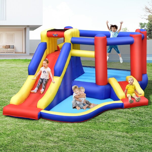 Costway Castello gonfiabile con scivolo lungo e borsa di trasporto, Centro attività gonfiabile per bambini per cortile
