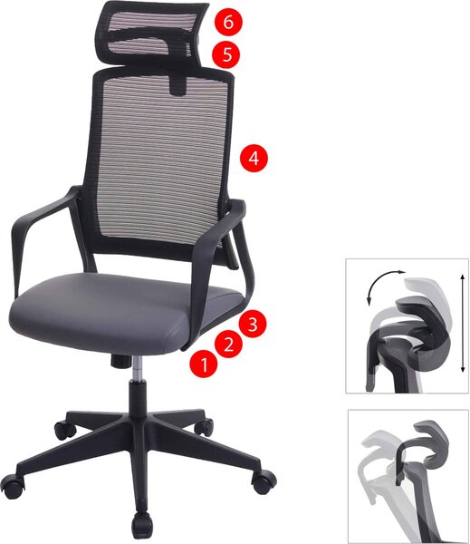 Sedia da ufficio HWC-J52, sedia girevole da scrivania, poggiatesta ergonomico, Pelle finta ~ grigio