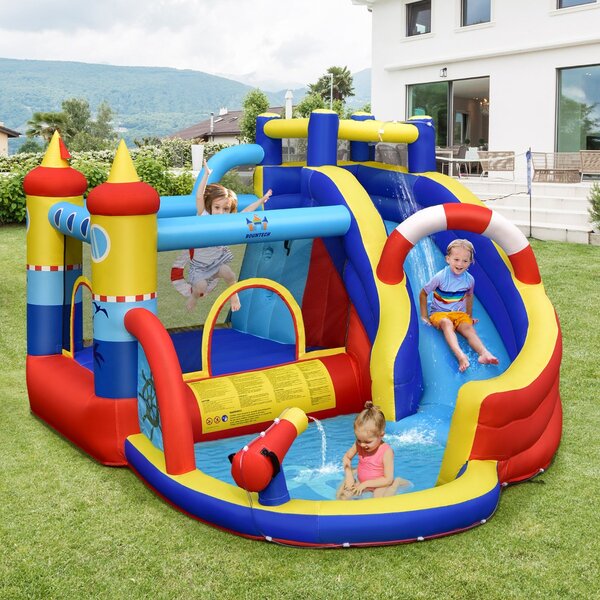 Costway Parco acquatico 6 in 1 con scivolo curvo per cortile, Castello a forma di nave per bambini con piscina