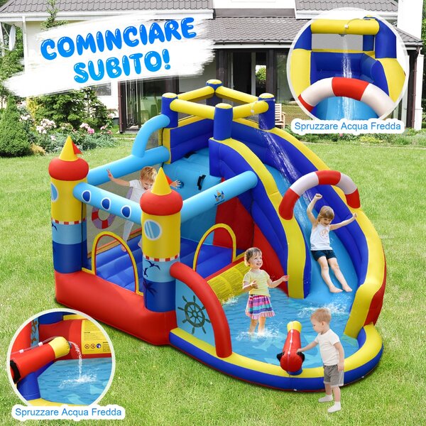 Costway Parco acquatico 6 in 1 con scivolo curvo per cortile, Castello a forma di nave per bambini con piscina